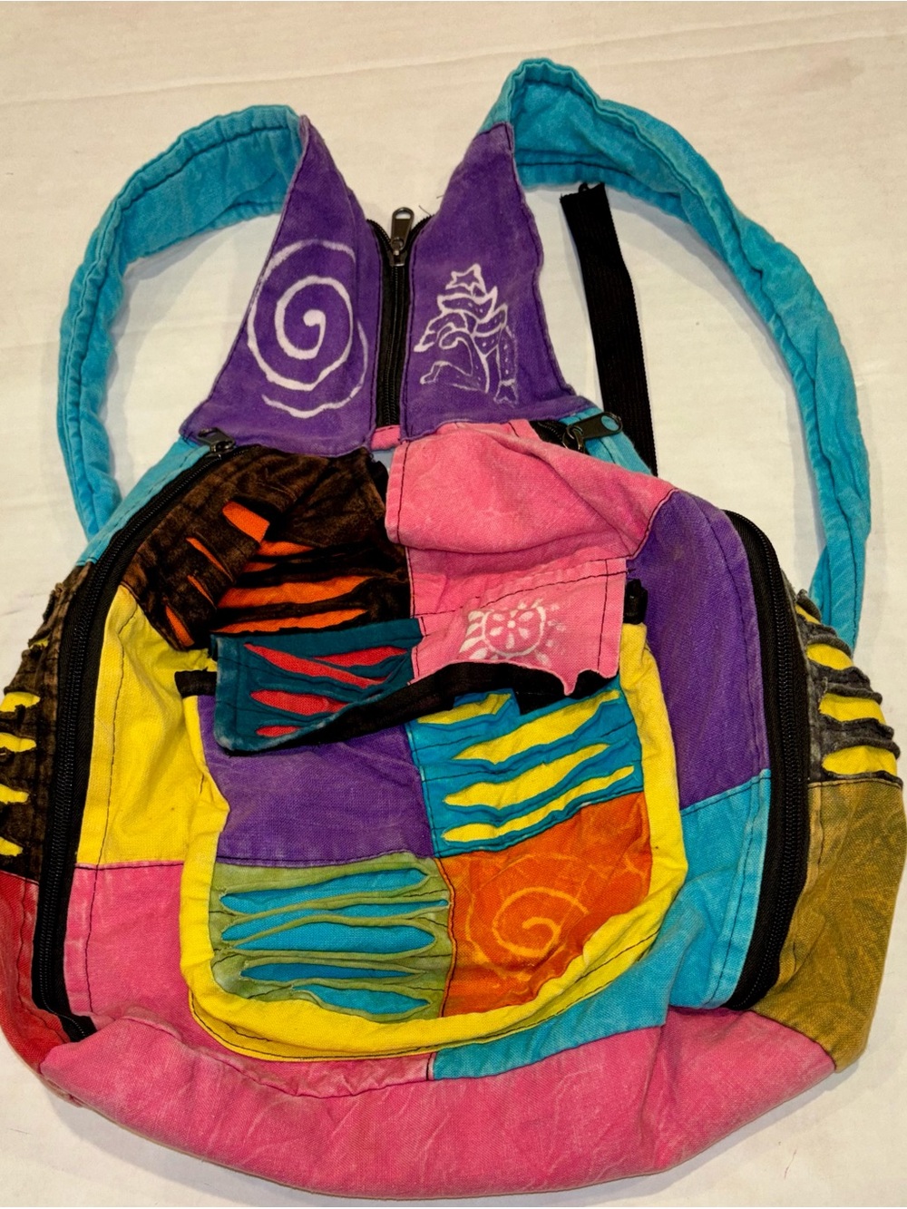 Colorful Patchwork Cotton Backpack — Turquoise, Purple, Pink & Yellow